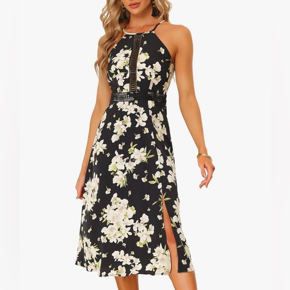 Allegra K Halter Neck Dresses for Women's Split Sleeveless Floral Boho Dress